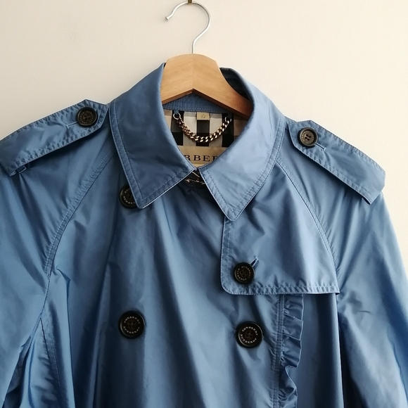 Burberry Double Breasted Blue Nylon Trench Coat Ruffle Trim Waist Belt US 12 - Picture 17 of 17